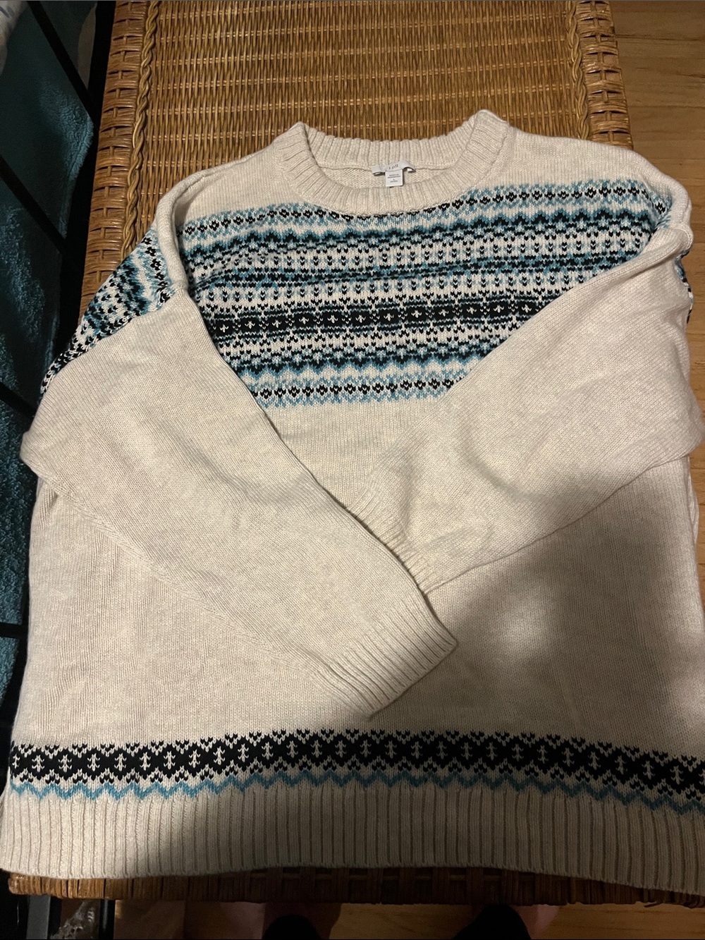 J. Jill Cream Crewneck Sweater with Blue and Black Fair Isle Accents